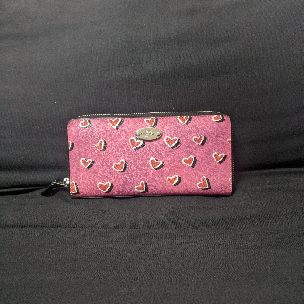 Coach Pink Hearts Print Zip Around Wallet